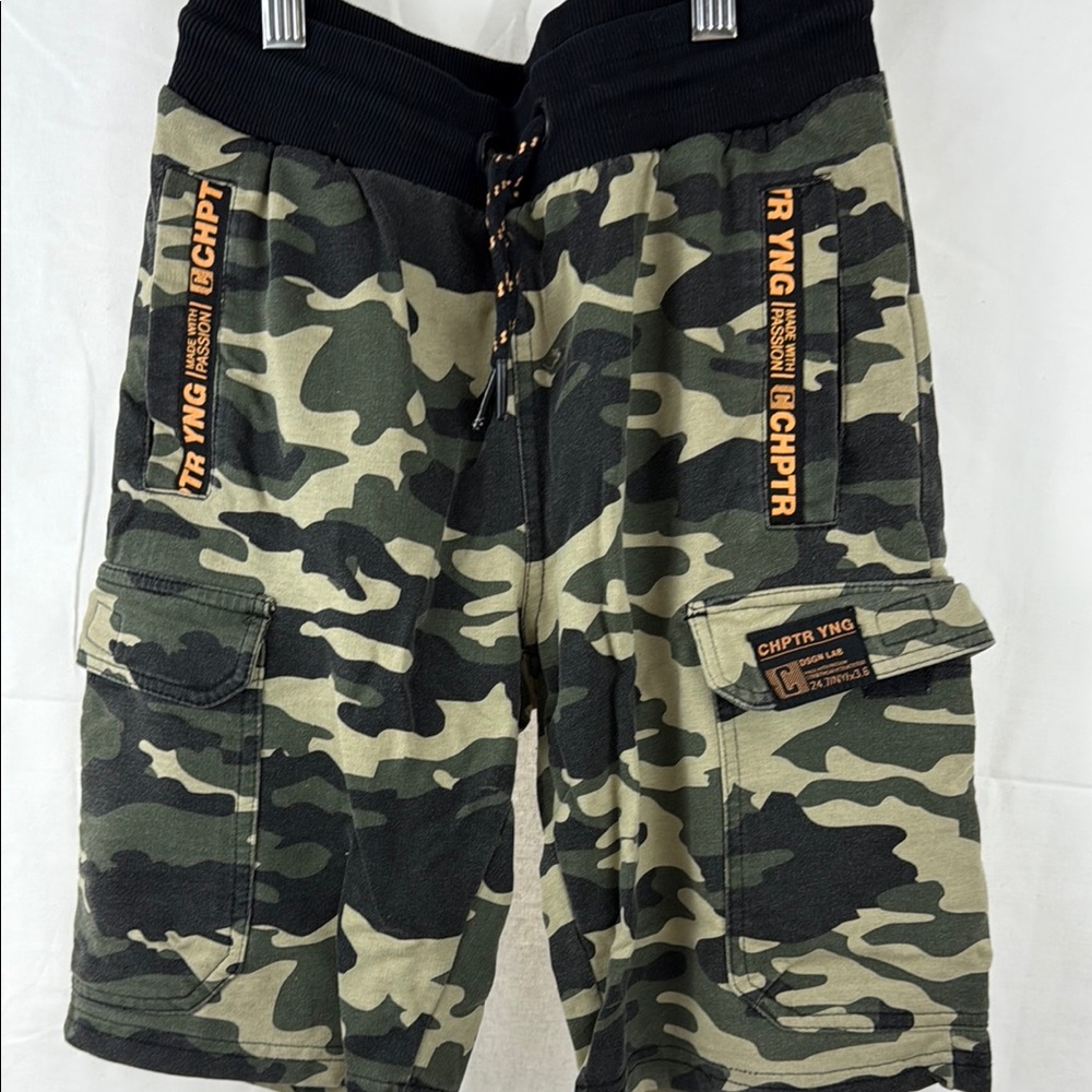 Chapter Kids Camo Shorts with Black and Orange Accents